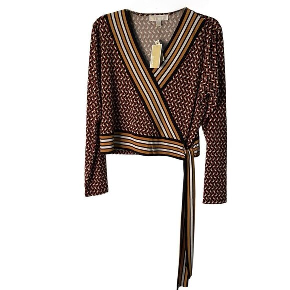 Michael Kors Geometric Wrap Cropped Blouse in Black, Gold, And Cream Stripes L - Picture 3 of 5